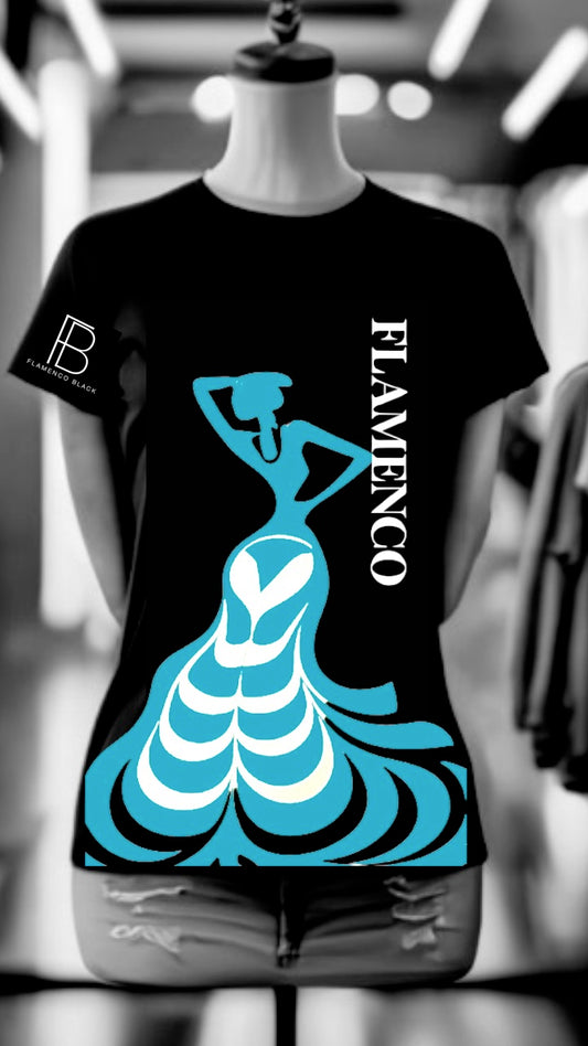 Flamenco Black-Elegance T-Shirt-Turquoise/White (Short Sleeve)